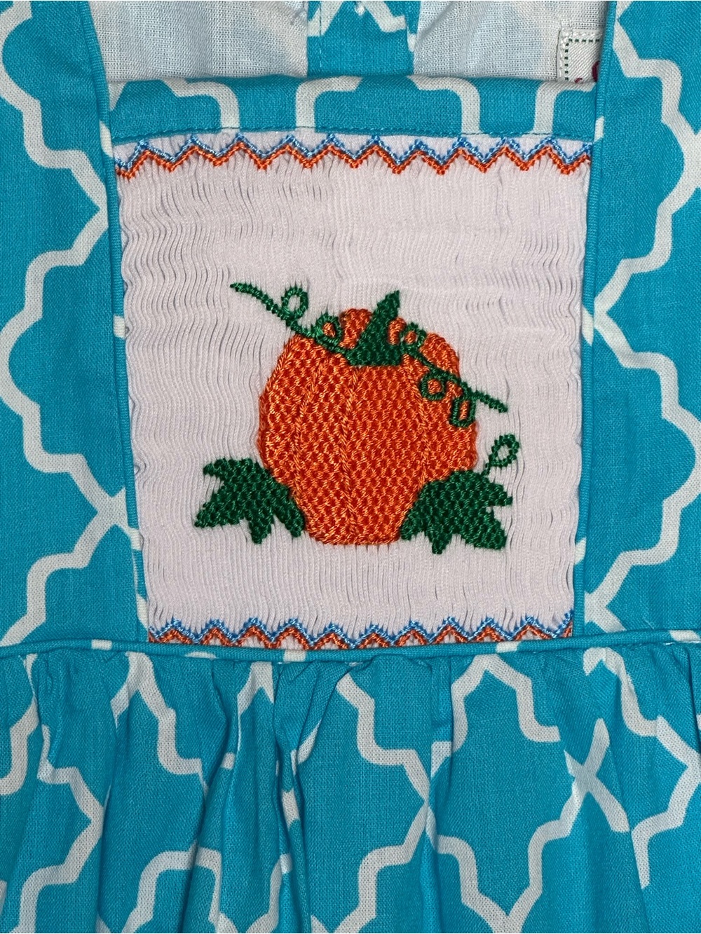 Smocked Or Not Smocked Pumpkin Dress Size 2 Blue Geometric Fall Halloween NWT - Picture 2 of 6
